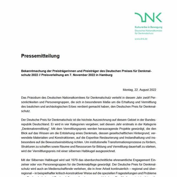 Pressemitteilung - Deutscher Preis für Denkmalschutz 2022