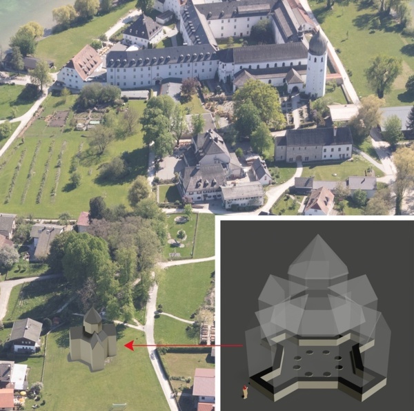 Fraueninsel, Romanischer Grundriss, Luftbild und Visualisierung Zentralbau © BLfD